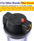 Ten Inch Whole House Slim Water Filter Housing With Pressure Relief Valve Three Quarter Inch NPT Brass Ports Fits Two And A Half Inch By Ten Inch Filters Clear See Through Housing with black top and brass port