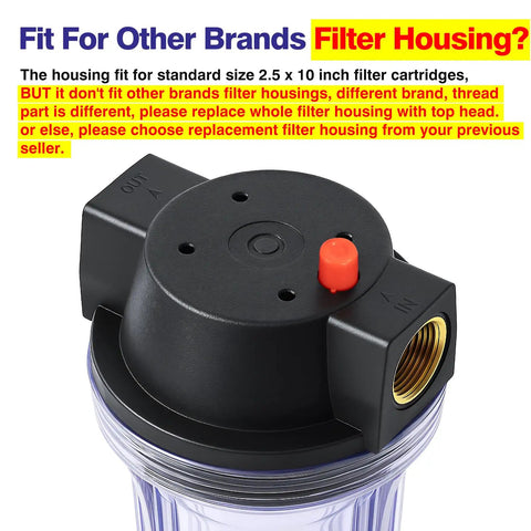 Ten Inch Whole House Slim Water Filter Housing With Pressure Relief Valve Three Quarter Inch NPT Brass Ports Fits Two And A Half Inch By Ten Inch Filters Clear See Through Housing with black top and brass port