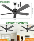 52 Inch Black Outdoor Flush Mount Ceiling Fan With Remote Control No Light, 5 Blades, 6 Speed DC Motor, Ultra Quiet, Reversible