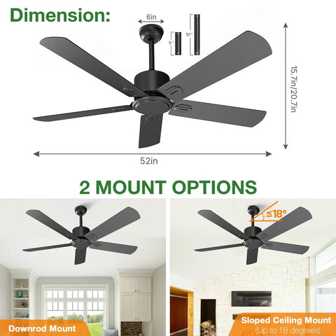 52 Inch Black Outdoor Flush Mount Ceiling Fan With Remote Control No Light, 5 Blades, 6 Speed DC Motor, Ultra Quiet, Reversible