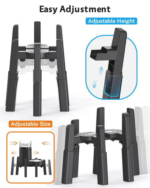 Elevated Dog Water Dispenser Stand And Adjustable Pet Feeder Holder Designed For Large Breeds with adjustable height and size features.