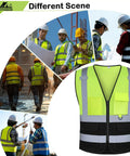 Premium Quality Straight Up Class 2 Hi Vis Safety Vest With Deep Cargo Pockets For Construction Crews Safety Compliant Reflective Mesh Gear Hella Visible For Highway And Active Job Sites Yellow Black XL displayed on workers at construction site.