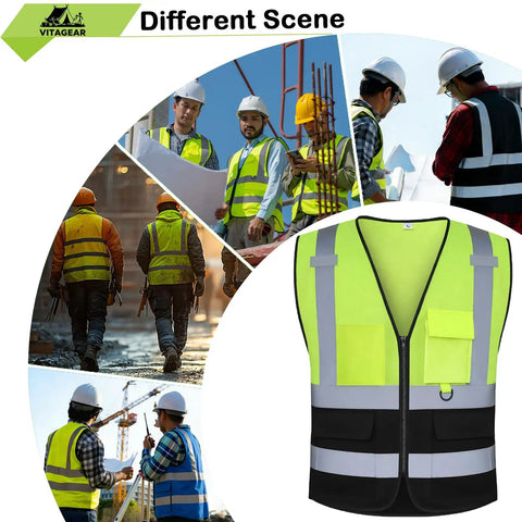 Premium Quality Straight Up Class 2 Hi Vis Safety Vest With Deep Cargo Pockets For Construction Crews Safety Compliant Reflective Mesh Gear Hella Visible For Highway And Active Job Sites Yellow Black XL displayed on workers at construction site.