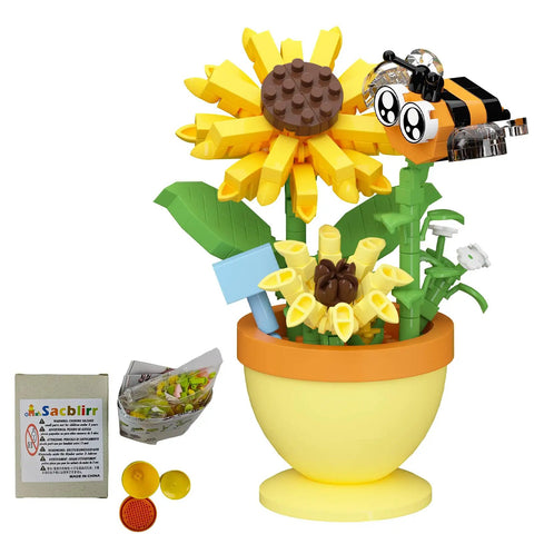 Sunflower Bee Mini Flower Bonsai Building Toy Set For DIY Nature Garden Decor With Colorful Blossoms Bees Dragonflies And Butterflies in pot