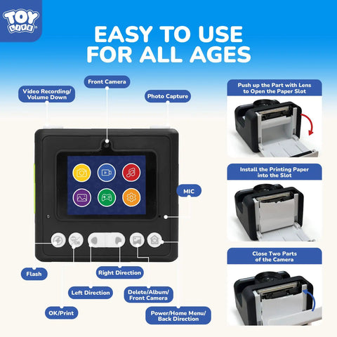 Kids Instant Print Camera For Ages 3 To 12 With 1080P Video Two Point Four Inch Screen Black And White Thermal Printing No Ink Fun Filters Flash Time Lapse Continuous Shoot Sixteen Times Digital Zoom Easy Share And Decorate, black kid camera display