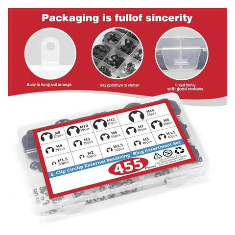 Top Tier Forty Five Five Pcs High Carbon Steel E Type External Retaining Rings Set With 14 Different Shaft Sizes For Heavy Duty Mechanical Repair And Hardware Accessories That Stay Locked Tight, organized in a clear storage box.