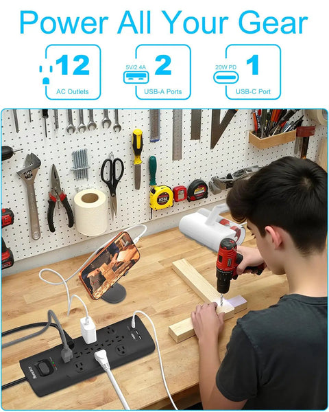 Person using 12 Outlet Surge Protector Power Strip With 3480 Joule Defense, Six-Foot Flat Plug, Two USB A Ports And Twenty-Watt USB C Fast Charge