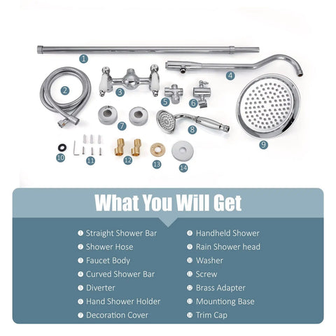 Contents of Polished Chrome Shower System With 8 Inch Rainfall Head 12 Inch Extension Tube Handheld Spray Dual Lever Mixer Wall Mount Combo