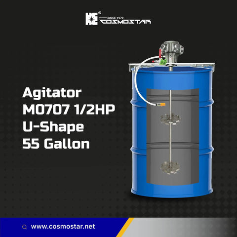 Half Horsepower 55 Gallon Pneumatic Paint Drum Mixer With Adjustable Bracket Mount, shown in blue drum for mixing.