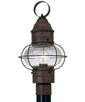 Outdoor Lantern Post Light With Rustic Bronze Finish, Weather Resistant Post Lamp For Yard, Seedy Glass Shade, Classic Scroll Arm