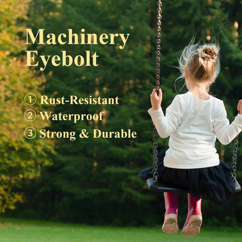 Child swinging on outdoor swing with text about machinery eyebolt features: rust-resistant, waterproof, strong and durable.