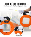 100 Foot Fiberglass Fish Tape 1/6 Inch Flexible Wire Puller For Electrical Conduit And Drywall with thumb lock feature in use.