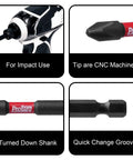 Long 6 Inch Impact Bit Set With Hex H2 Through H8 And Torx T25 features CNC machined tips, quick-change groove, durable shank.