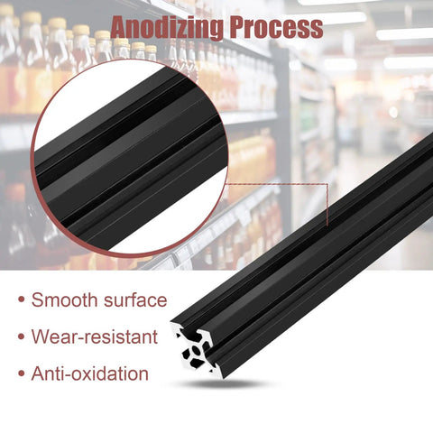 Close-up of black anodized V Slot 2020 aluminum extrusion profile showing smooth surface, highlighting anodizing process benefits.