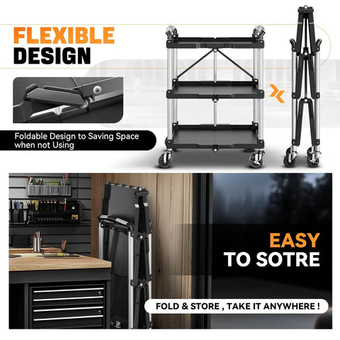 Heavy Duty 3 Tier Folding Utility Cart With Locking Wheels Collapsible Rolling Workhorse for storage solutions