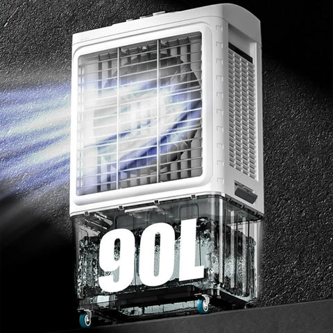 Heavy Duty Portable Swamp Cooler With 13.2 Gallon Water Tank And Six Frozen Ice Packs For Straight Up Sweat Free Relief Plus 120 Degree Oscillating Airflow, showcasing its 90L water tank.