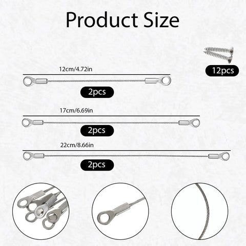 Premium Tough As Nails Stainless Steel Cabinet Door Stops And Hinge Limiters With Six Adjustable Sizes And Twelve Mounting Screws For Kitchen Cupboards and sizes of wire cables shown.