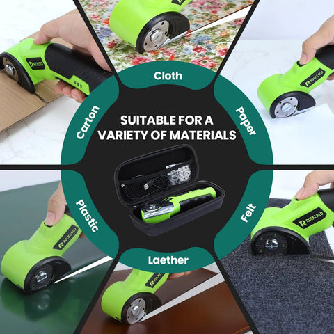 Cordless Electric Scissors Box Cutter With Two Rotary Blades 4V Rechargeable Cardboard Cutter USB Charge Safety Lock Storage Box Fabric Scissor For Plastic Carpet Leather DIY Crafts, green tool cutting cardboard, fabric and leather