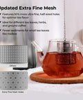 Ultra Fine Mesh Tea Infuser Strainer in a glass teapot, showcasing extra fine holes for sediment-free steeping of loose leaf teas.