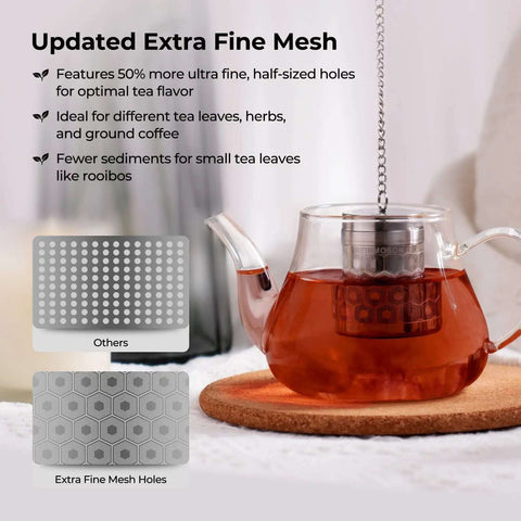 Ultra Fine Mesh Tea Infuser Strainer in a glass teapot, showcasing extra fine holes for sediment-free steeping of loose leaf teas.