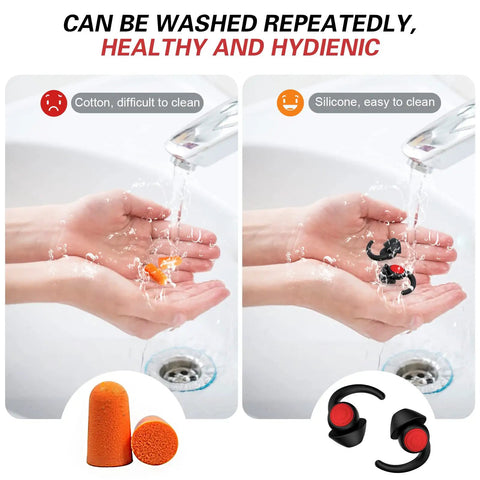 Comparison of cotton and soft silicone sleeping ear plugs being washed under a faucet, showing silicone is easier to clean.