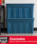 31 Gallon Storage Totes 8 Pack Built Like A Tank Heavy Duty Stackable Bins With Snap On Lids And Easy Grip Handles Eco Friendly Utility Tubs Made In USA, navy bins stacked for efficient storage.