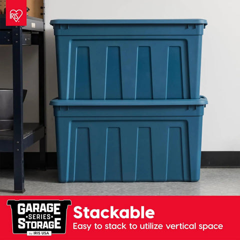31 Gallon Storage Totes 8 Pack Built Like A Tank Heavy Duty Stackable Bins With Snap On Lids And Easy Grip Handles Eco Friendly Utility Tubs Made In USA, navy bins stacked for efficient storage.