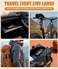 Cordless Tire Inflator Portable Air Compressor 150 PSI in car, attached to bike, backpack, and in bag, black color
