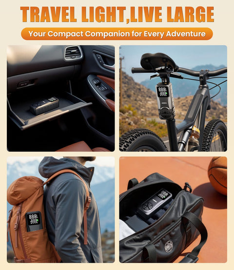 Cordless Tire Inflator Portable Air Compressor 150 PSI in car, attached to bike, backpack, and in bag, black color