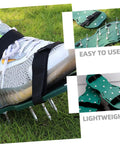 Adjustable Lawn Aerator Shoes Straps With Durable Spiked Shoelaces 16 Pack shown on shoe with spikes on grass