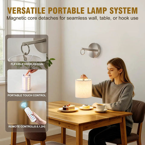 Peel and Stick Sconces Set of 2 Brushed Nickel,Detachable Battery Operated Wall Sconce With 10000mah Rechargeable Bulbs,12 RGB Battery Sconce With Remote,Renter Friendly Wall Lamps for Bedroom,Hallway shown in use on a table with dessert.