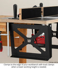 USA Made Portable Benchtop Router Table With Straight Up Precision Fence, side view showing clamps for lower working height.