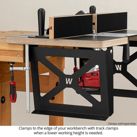 USA Made Portable Benchtop Router Table With Straight Up Precision Fence, side view showing clamps for lower working height.