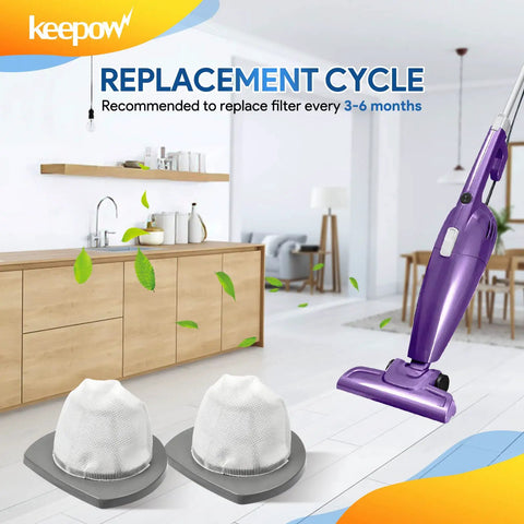 Featherweight Replacement Filters Compatible With Bissell Featherweight Stick Lightweight Bagless Vacuum 2033 2033M 20331 20333 20334 20336 20339 4 Pack No Fuss Fit Easy Install shown next to purple vacuum in modern kitchen setting.