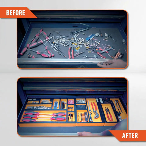 Before and after of toolbox drawer with Premium EVA Foam Tool Tray With Built-In Bit And Socket Organizer For Toolbox Drawer Storage In Garage And Shop, Scratch-Resistant And Durable Organizer To Protect Tools And Drawer Surfaces.