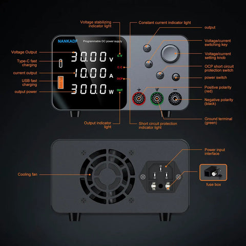 High Precision DC Power Supply With Encoder Knob 30V 10A Beefy Bench Unit front panel features and cooling fan details
