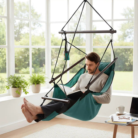Man relaxing indoors on Upgraded Unique Hammock Hanging Sky Chair With Easy Setup Safer Design Air Deluxe Swing Seat, green color.