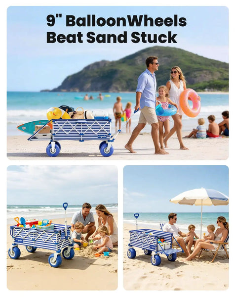 Family using Heavy Duty Beach Wagon With 9 Inch Balloon Wheels And Tailgate Foldable Sand Cart at the beach, hauling gear over sand.