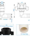 Rotating One Half Inch RV Water Pump Fittings Kit With 360 Degree Swivel Elbow And Straight Barb Adapter One Half Inch Female NPT PEX Compatible Comes With Thread Seal Tape For Leak Free Water Strainer Connection. 1/2 in wingnut elbow and hose fitting
