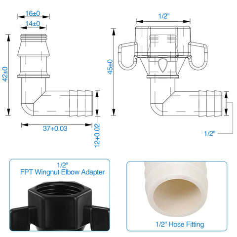 Rotating One Half Inch RV Water Pump Fittings Kit With 360 Degree Swivel Elbow And Straight Barb Adapter One Half Inch Female NPT PEX Compatible Comes With Thread Seal Tape For Leak Free Water Strainer Connection. 1/2 in wingnut elbow and hose fitting