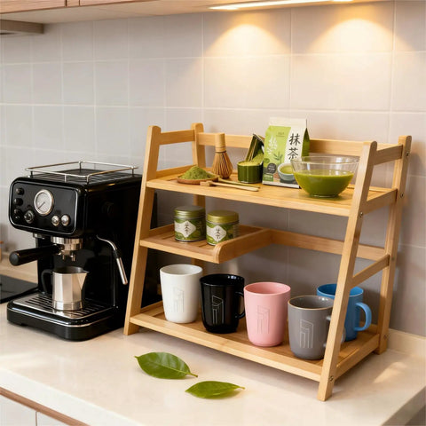 Bamboo Matcha Station Organizer with 3-Tier Shelf beside espresso machine, holding tea accessories and mugs in kitchen setting.