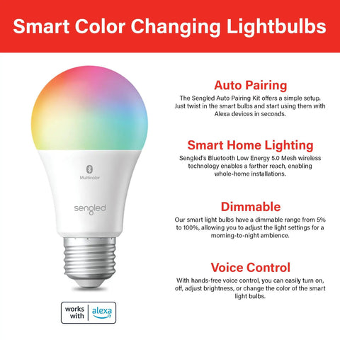 Alexa Ready Color Changing Smart Light Bulbs 2 Pack With Auto Pairing, E26 Base, Bluetooth Mesh for Mood Lighting