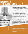 Product infographic showing Built Tough Heavy Duty Air Pressure Switch 1/4-18 NPT Male Thread DC 12V 24V Compressor Controller with PSI details.