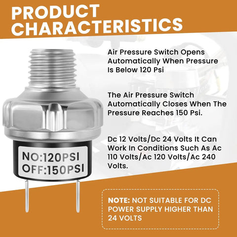 Product infographic showing Built Tough Heavy Duty Air Pressure Switch 1/4-18 NPT Male Thread DC 12V 24V Compressor Controller with PSI details.
