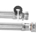 Stainless steel braided garden hose extension with metal fittings; side view, 9.5-inch, heavy-duty.