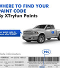 Diagram showing where to find Dodge paint code on a truck using XTyrfun Paints guide, with a sample vehicle information sticker.