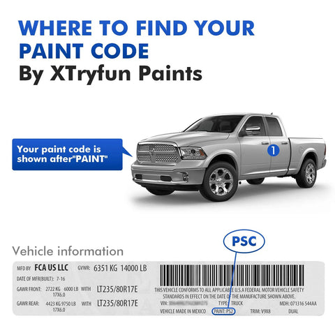Diagram showing where to find Dodge paint code on a truck using XTyrfun Paints guide, with a sample vehicle information sticker.
