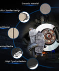 Rear ceramic brake pad set with hardware, 4 pieces, shown beside a brake rotor and caliper.