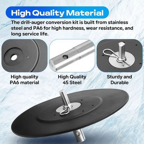 Two Stage Ice Auger Adapter Kit That Lets You Hook Up Your Drill To Any Hand Auger With A 9.05 Inch Stopper Disc Fits Half Inch Drill Chucks Compatible With Most Brands For Quick Ice Drilling - close-up of steel material and safety disk