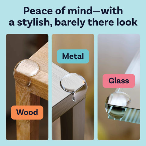 Transparent PVC Corner Protectors for Baby Safety on wood, metal, and glass surfaces, 12 pack bumper cushions with strong adhesive.